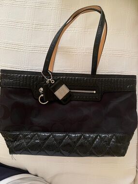 Coach Black Tote with Quilted Patent Trim and Charm